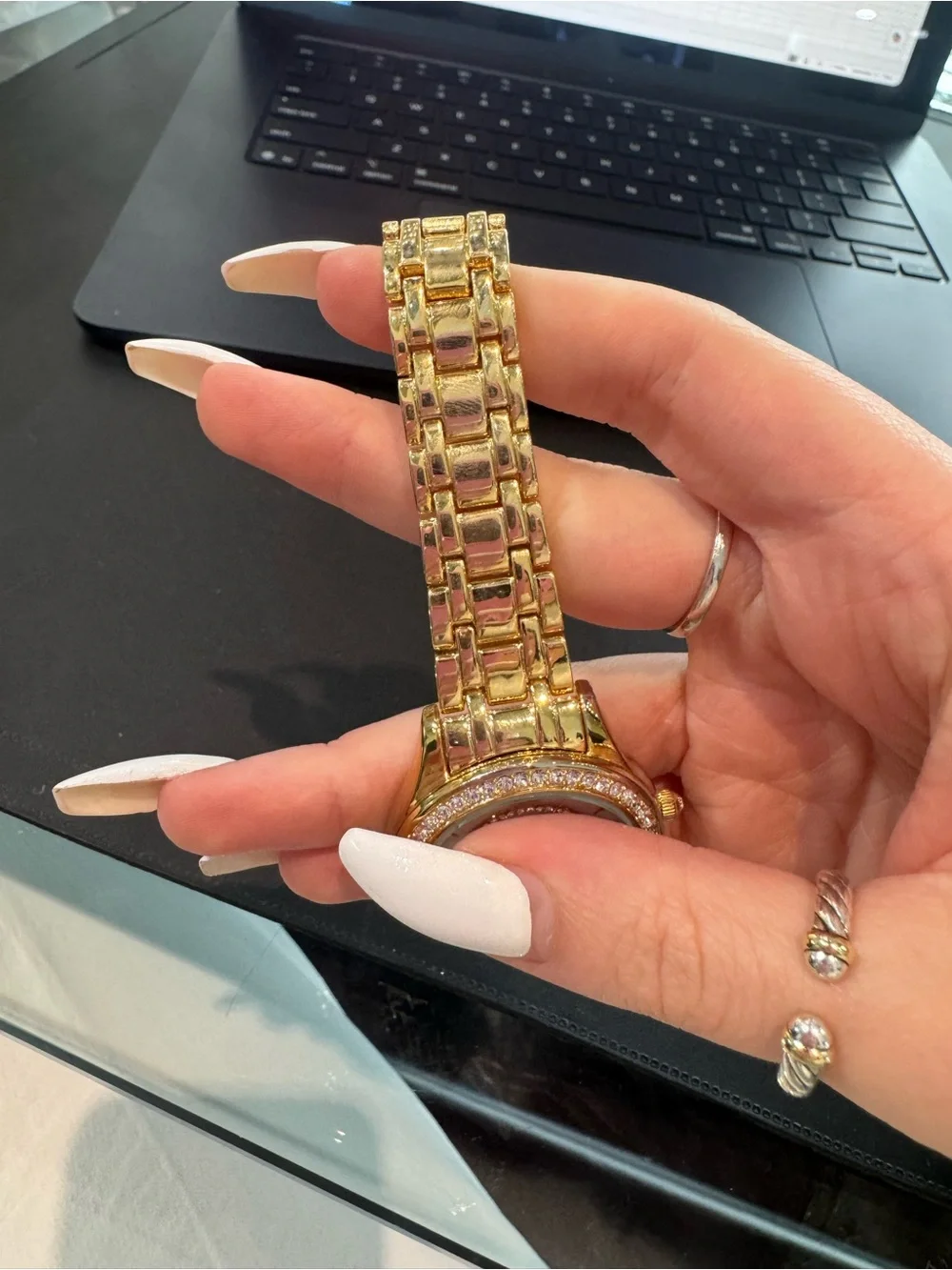 DMQ Women’s Gold-Tone Watch w/ Double Crystal Bezel, and Polished Link Bracelet